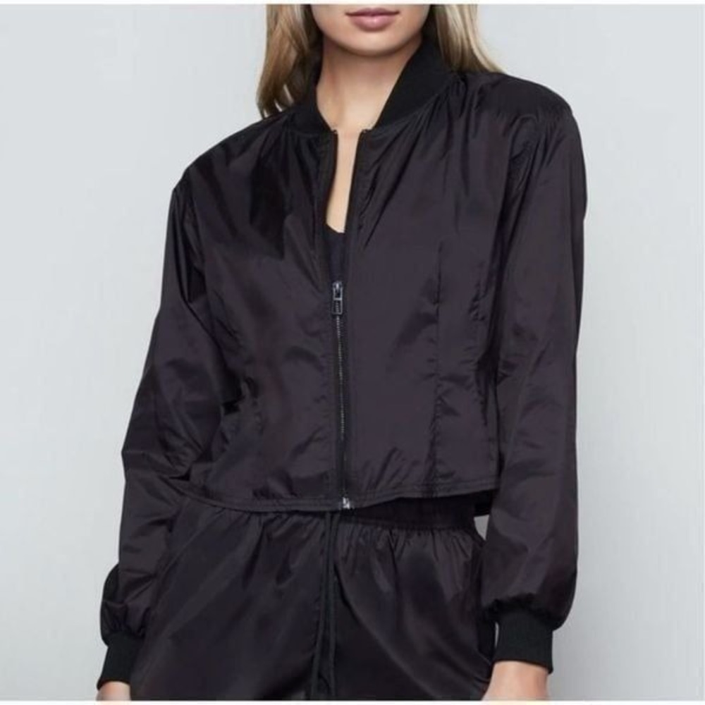 Good American Womens L Pleated Satin Bomber Jacket Black Sheer Streetwear NWT